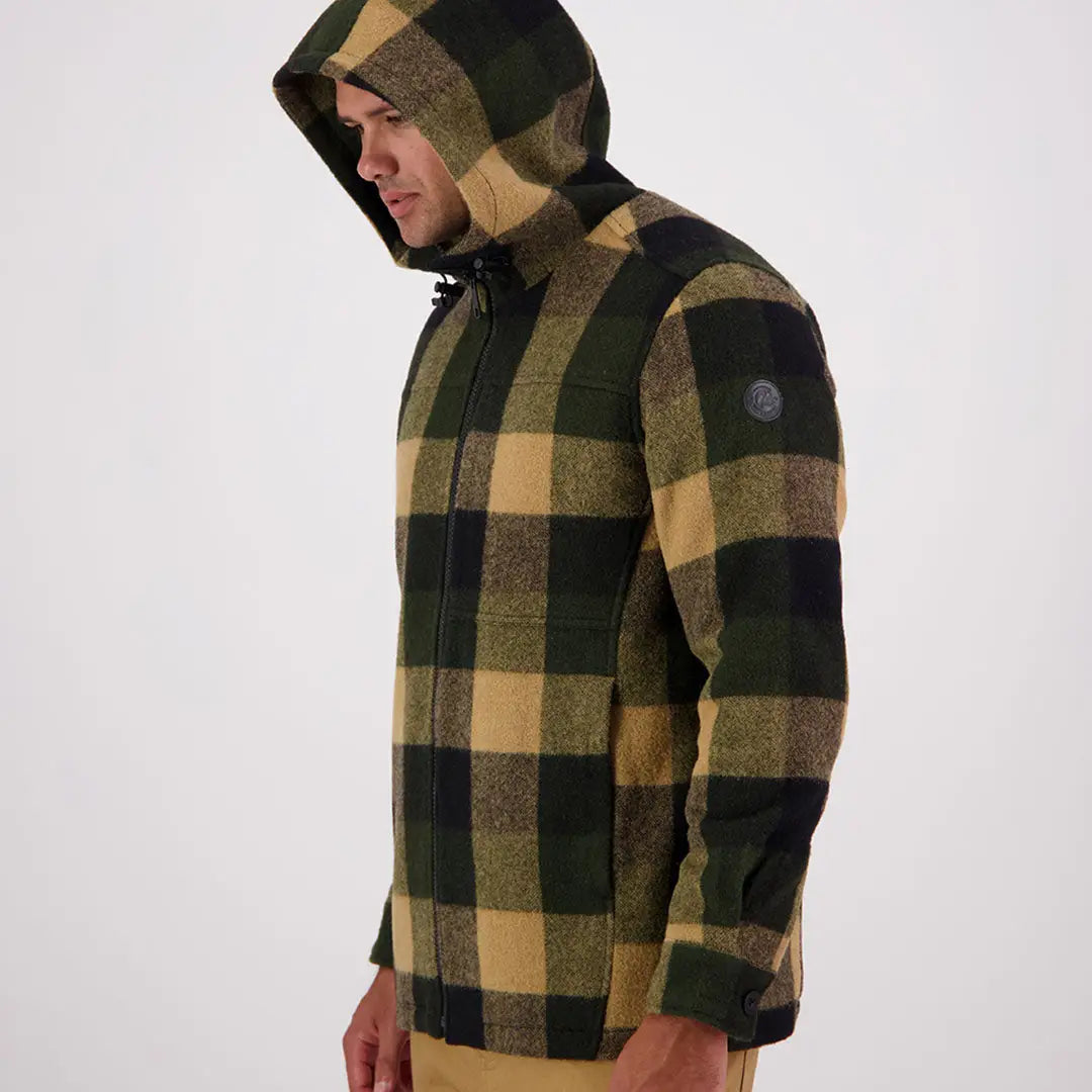 Men’s olive green and tan plaid Hudson Wool Hoodie with zipper for casual style