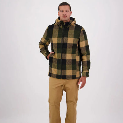 Man wearing green and tan plaid Swanndri Hudson Wool Hoodie, cozy wool hoodie look