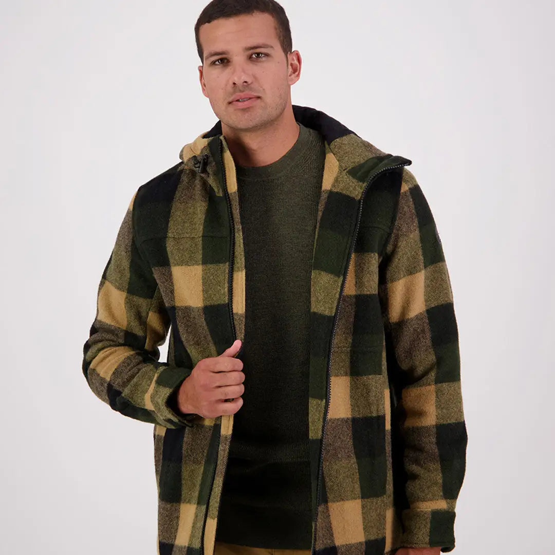 Men’s green and tan plaid Hudson Wool Hoodie, comfy wool hoodie for casual wear