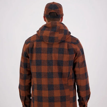 Men’s rust and black plaid wool hoody from Swanndri Hudson Wool collection