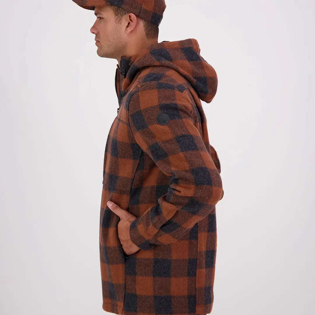 Men’s brown and black plaid Hudson Wool Hoody from Swanndri Hudson Wool collection