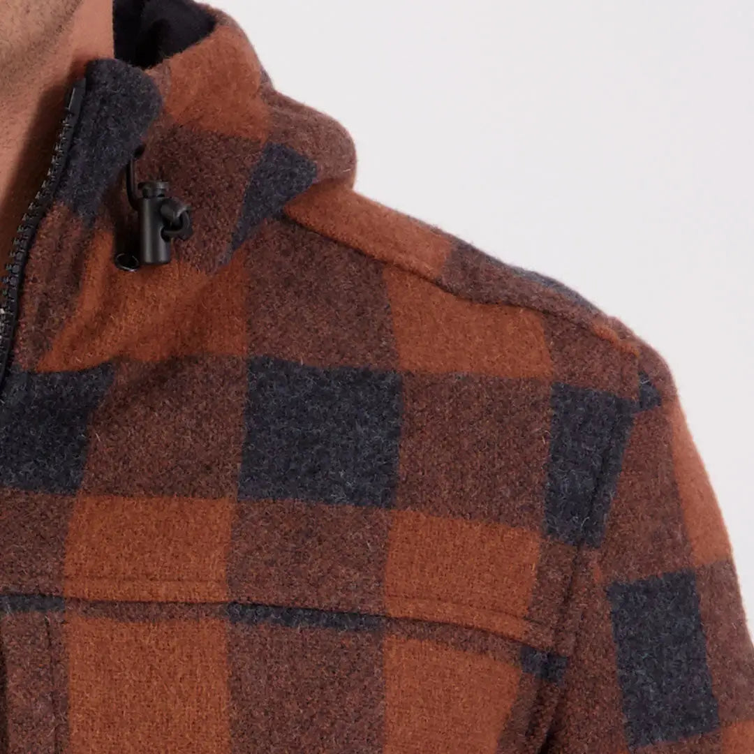 Rust and charcoal buffalo plaid wool hoody with zipper and drawstring hood for Swanndri Hudson Wool Hoodie
