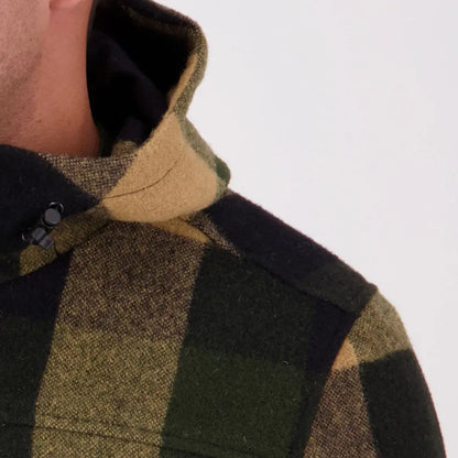 Men’s olive green and black plaid wool hoodie from Swanndri Hudson Wool collection