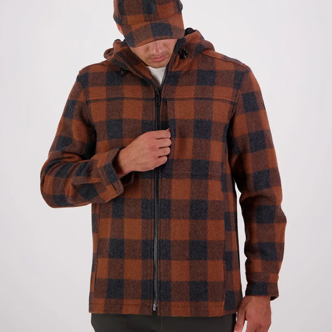 Men’s brown and black plaid Hudson Wool Hoody jacket for a cozy, stylish look