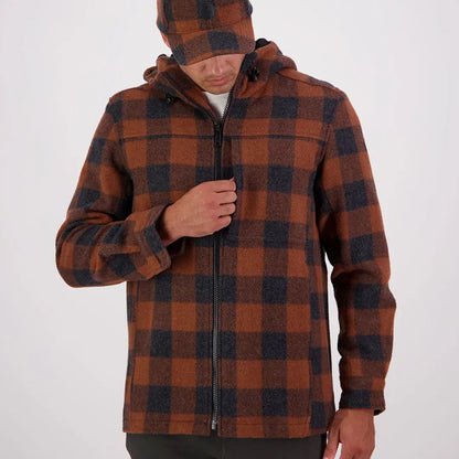Men’s brown and black plaid Hudson Wool Hoody jacket for a cozy, stylish look