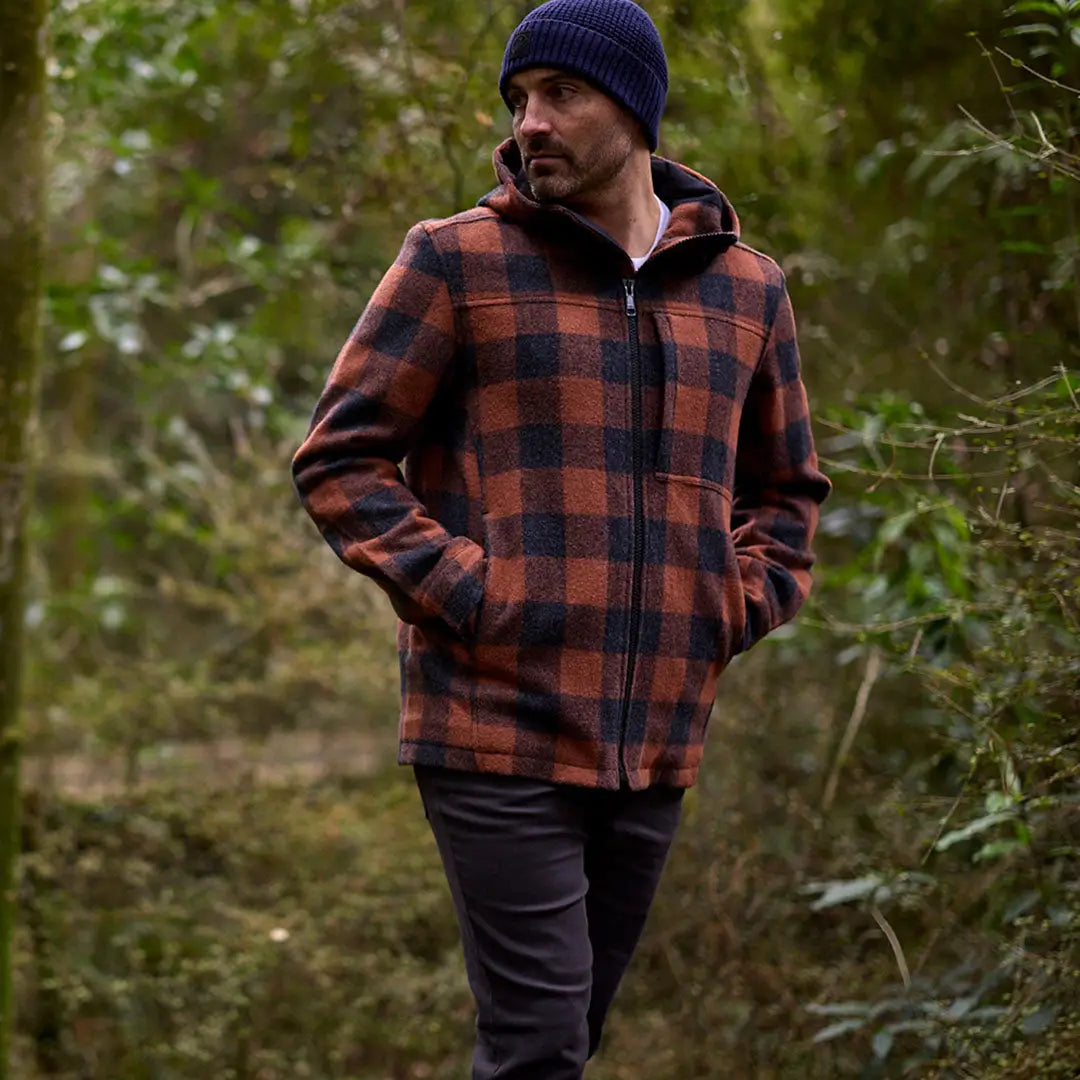 Men’s rust and black plaid Hudson Wool Hoodie zip-up jacket for casual style