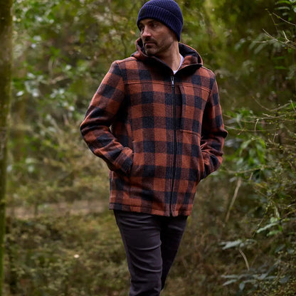 Men’s rust and black plaid Hudson Wool Hoodie zip-up jacket for casual style