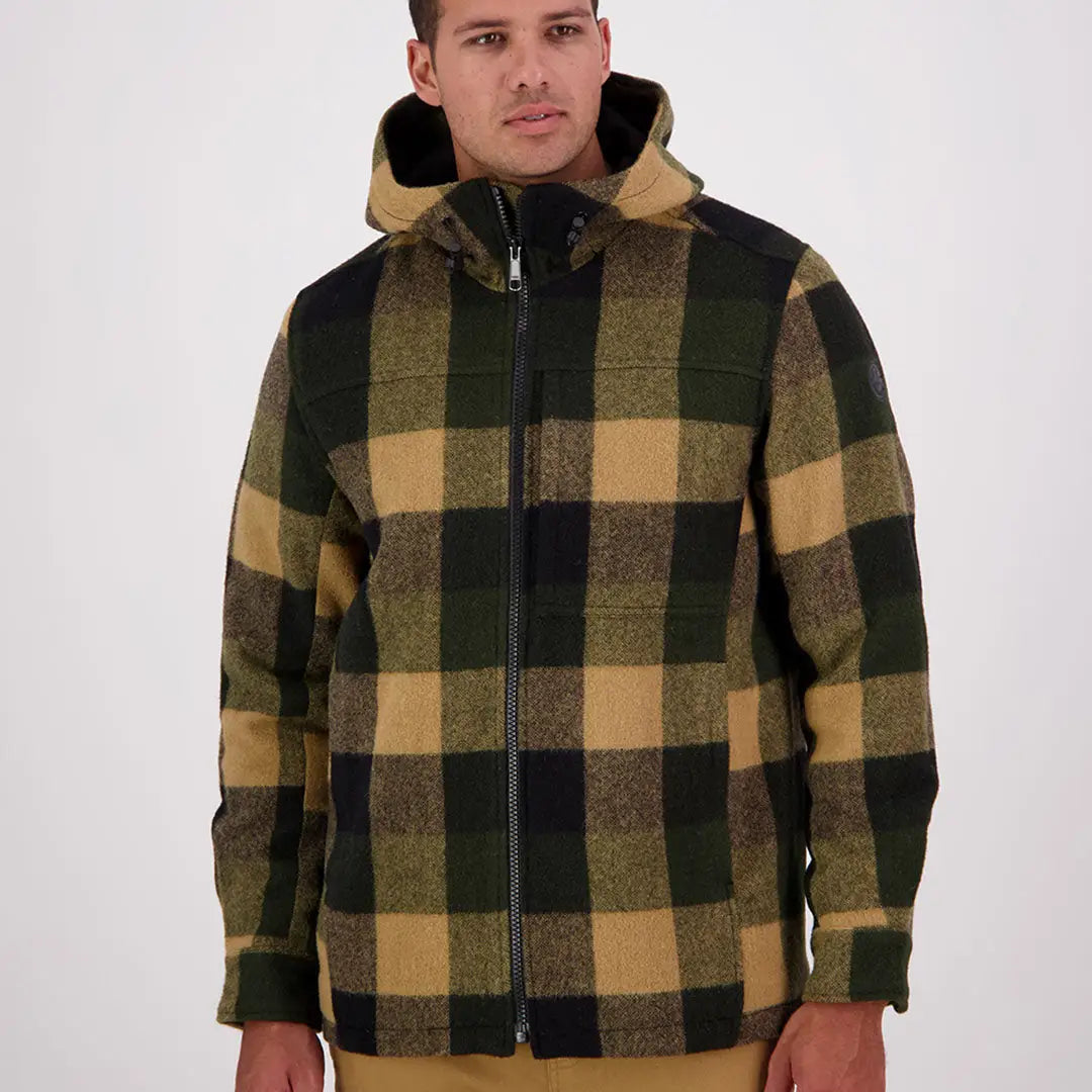 Men’s green and tan plaid Hudson Wool Hoodie with hood and front zipper, stylish wool hoodie