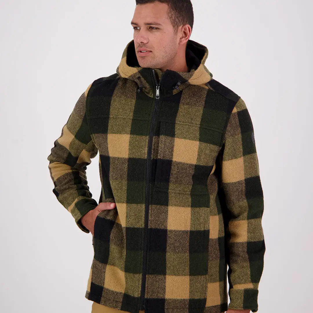 Men’s plaid green and tan Hudson Wool Hoodie with hooded style and cozy wool feel
