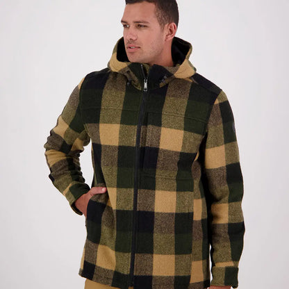 Men’s plaid green and tan Hudson Wool Hoodie with hooded style and cozy wool feel