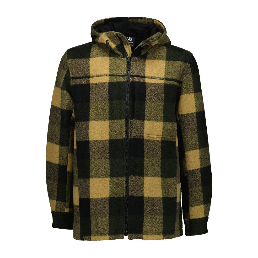 Men’s olive green and tan plaid wool hoodie jacket from Swanndri Hudson Wool collection