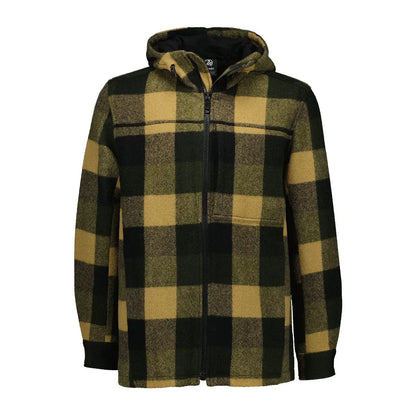 Men’s olive green and tan plaid wool hoodie jacket from Swanndri Hudson Wool collection