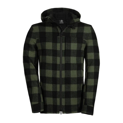 Plaid Hudson Wool Hoody in green and black checkered pattern with full zipper