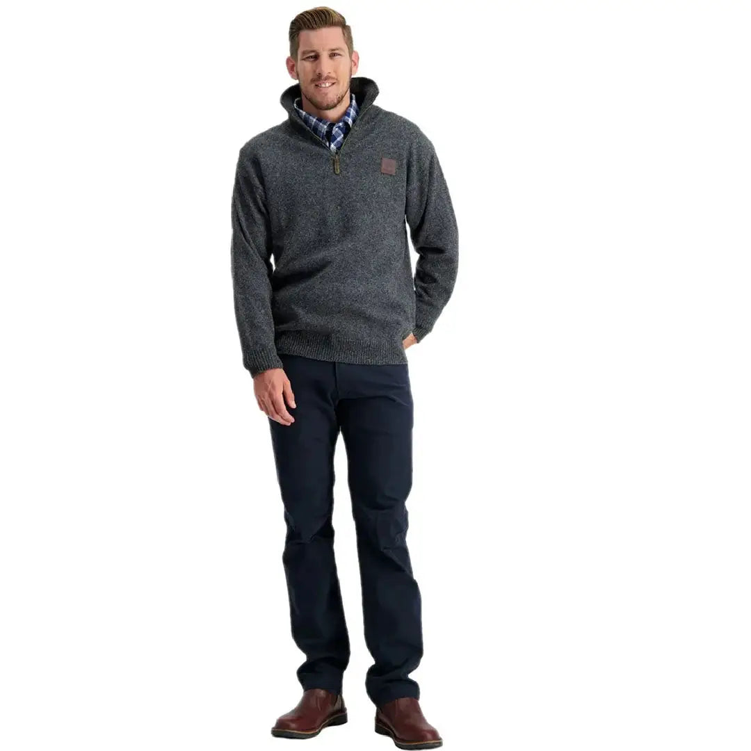Men’s dark gray fleecy Swanndri Mariner Zip Neck Jumper with brown chest patch