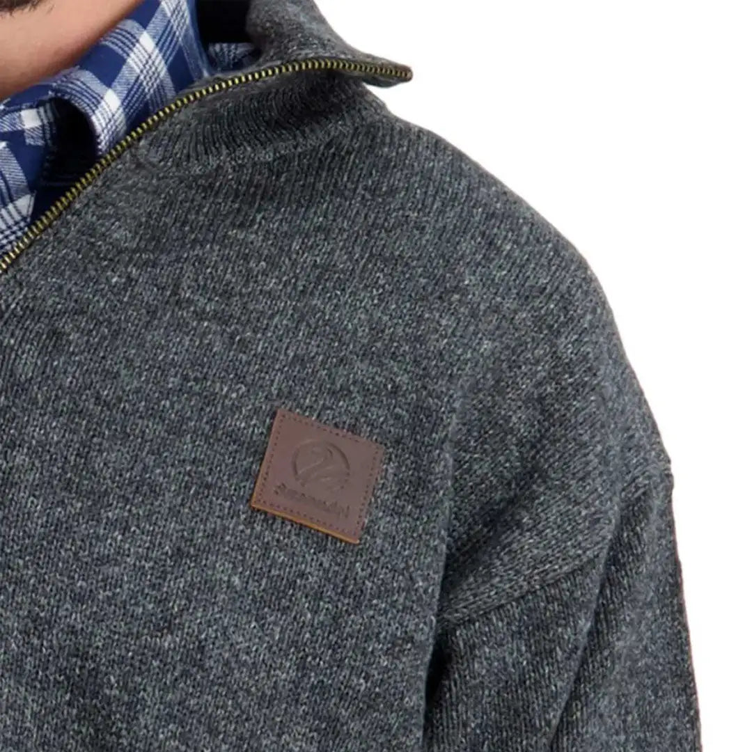 Swanndri Mariner Zip Neck Jumper men’s dark gray knit with blue plaid collar visible
