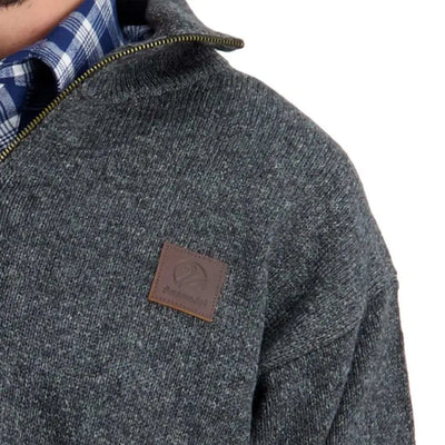 Swanndri Mariner Zip Neck Jumper men’s dark gray knit with blue plaid collar visible