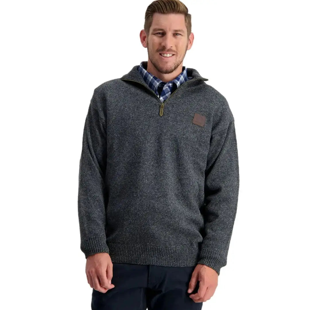 Men’s charcoal grey speckled Swanndri Mariner Zip Neck Jumper with brown chest patch