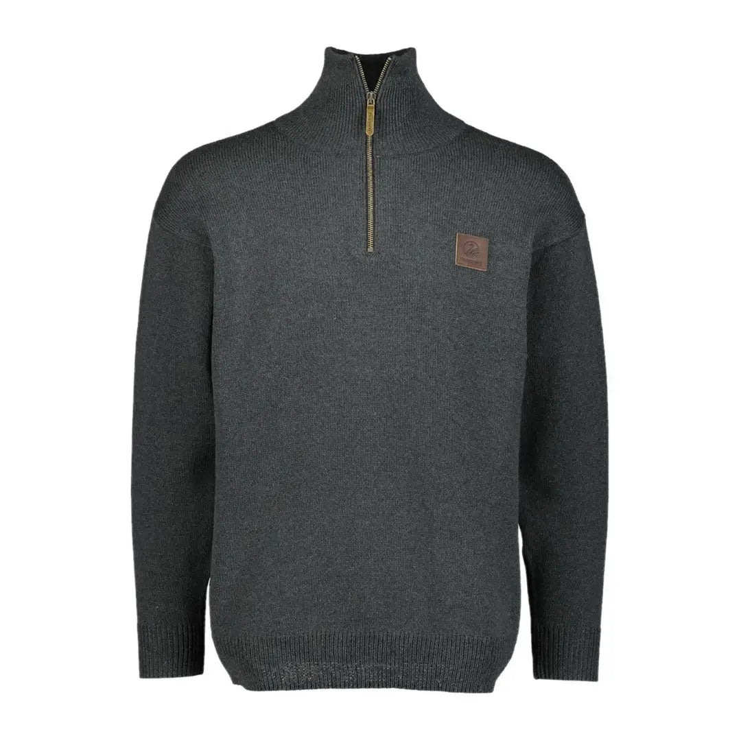 Men’s dark grey Swanndri Mariner Zip Neck Jumper with brown chest patch