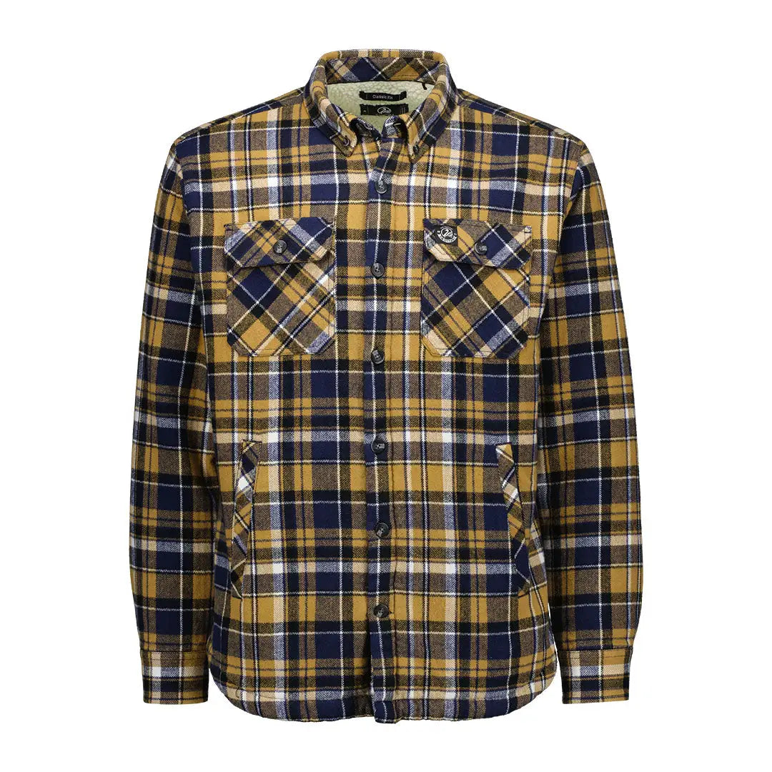 Men’s yellow navy white plaid Swanndri Morven Long Sleeve Sherpa Shirt with chest and side pockets