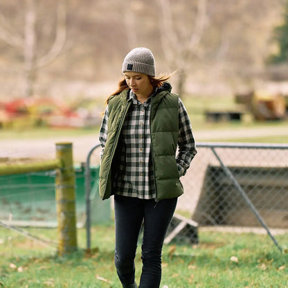 Woman in green plaid shirt and gray beanie wearing Swanndri Newton Beanie for warmth