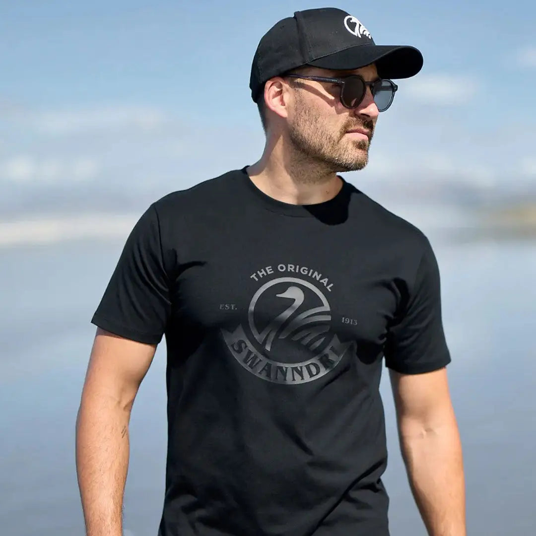 Black Swanndri Original V2 Printed Tee featuring a cool logo design