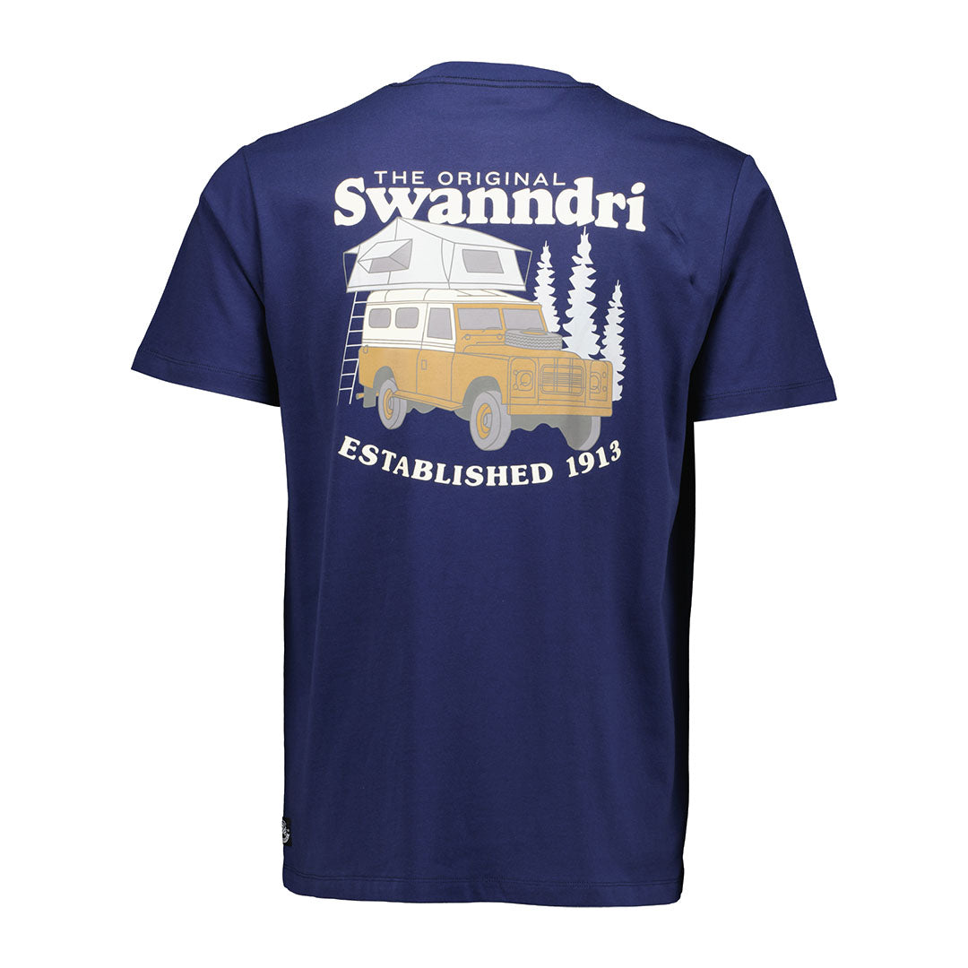 Navy blue printed t shirt featuring a car and tent graphic in exclusive seasonal designs