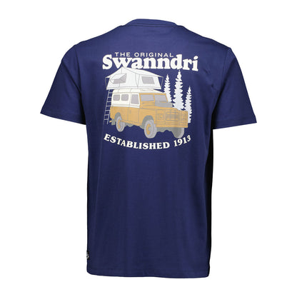 Navy blue printed t shirt featuring a car and tent graphic in exclusive seasonal designs