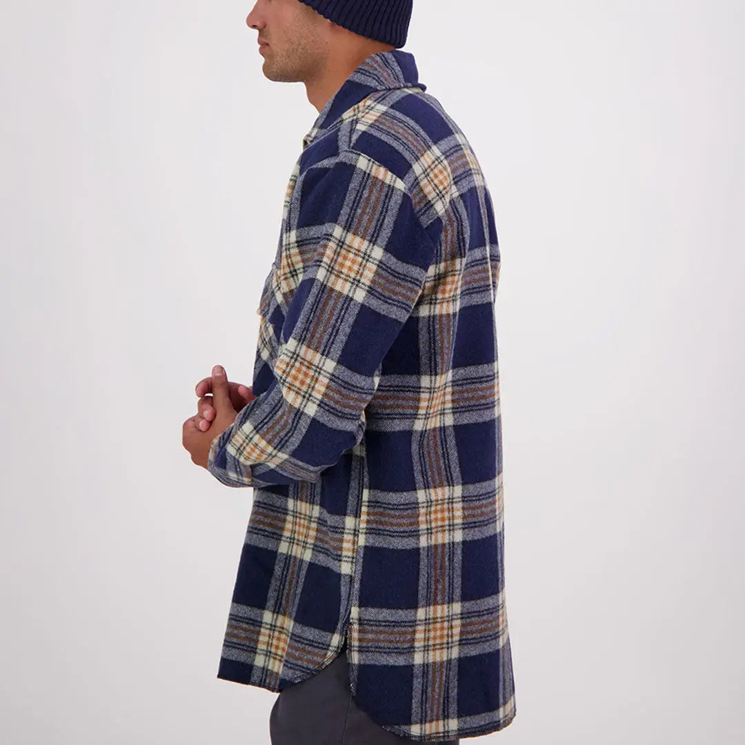 Men’s navy, white, and tan plaid flannel Swanndri Ranger Bush Shirt, iconic ranger bush style