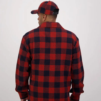 Red and black buffalo plaid flannel with cap on a Swanndri Ranger Bush Shirt model