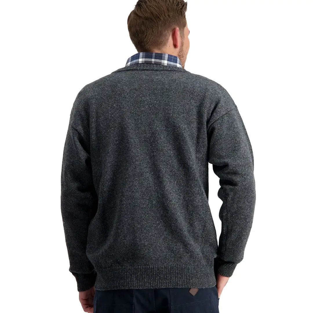 Gray knit Swanndri Seafarer Crew Sweater over plaid shirt, perfect for country clothing and outdoors