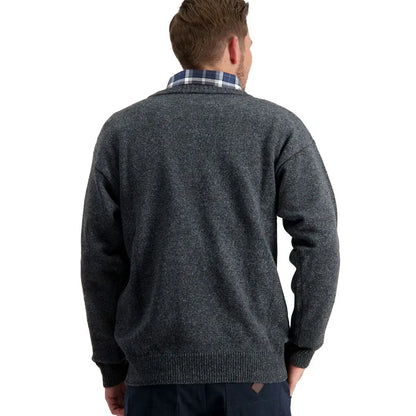 Gray knit Swanndri Seafarer Crew Sweater over plaid shirt, perfect for country clothing and outdoors