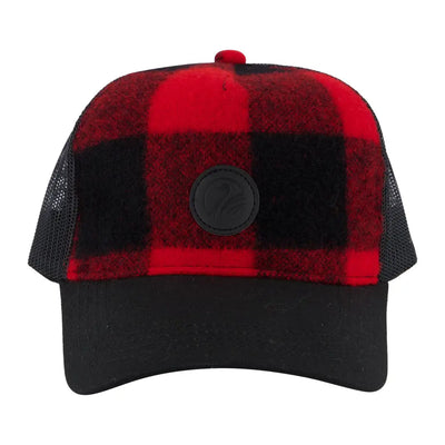 Red and black buffalo plaid baseball cap with black mesh back from Swanndri, perfect for country clothing