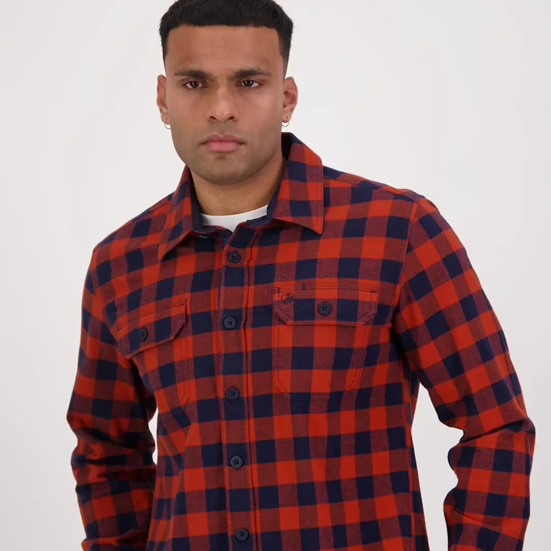 Red and navy blue plaid flannel shirt from Swanndri Taranaki Tailor, perfect for country clothing hunts