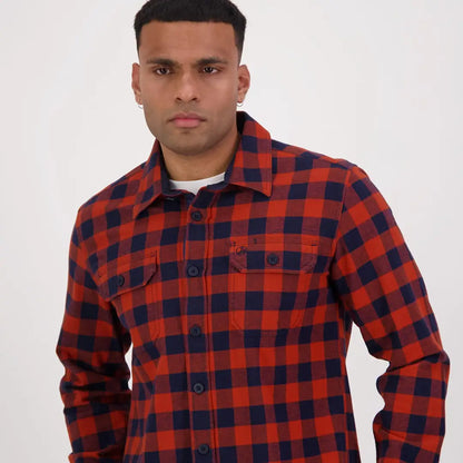 Red and navy blue plaid flannel shirt from Swanndri Taranaki Tailor, perfect for country clothing hunts