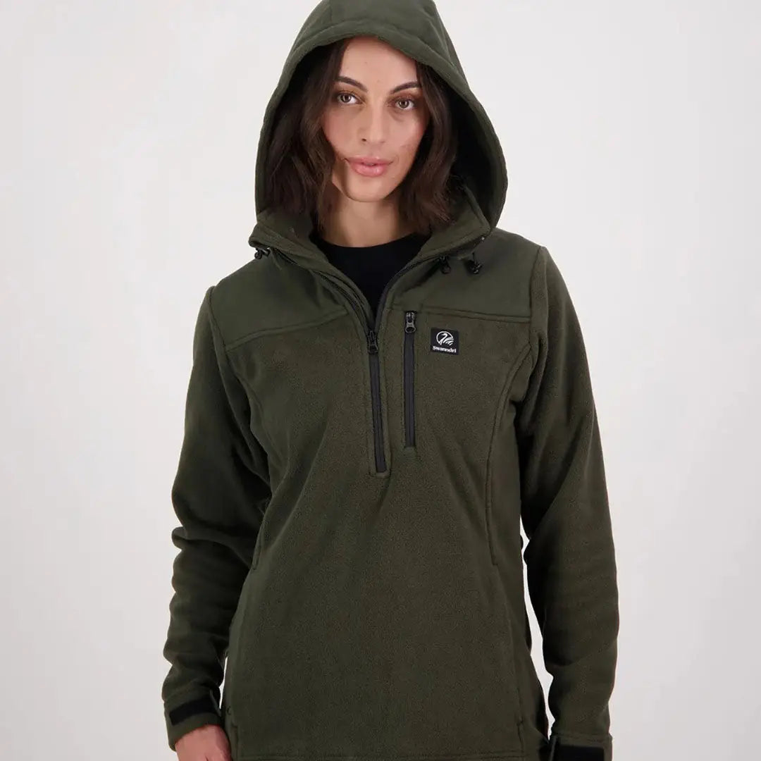 Women’s olive green Swanndri Womens High Rock fleece hoodie with half-zip and front pocket