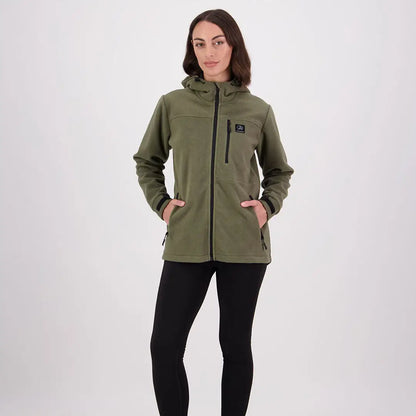 Women’s olive green High Rock zip water resistant recycled fleece hoodie with black trim