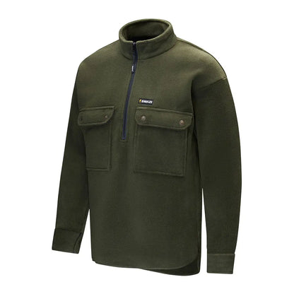 Olive green fleece pullover with pockets for back-country hiking and country fishing trips