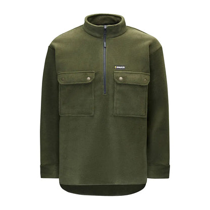 Olive green fleece pullover with chest pockets for back-country hiking or country fishing