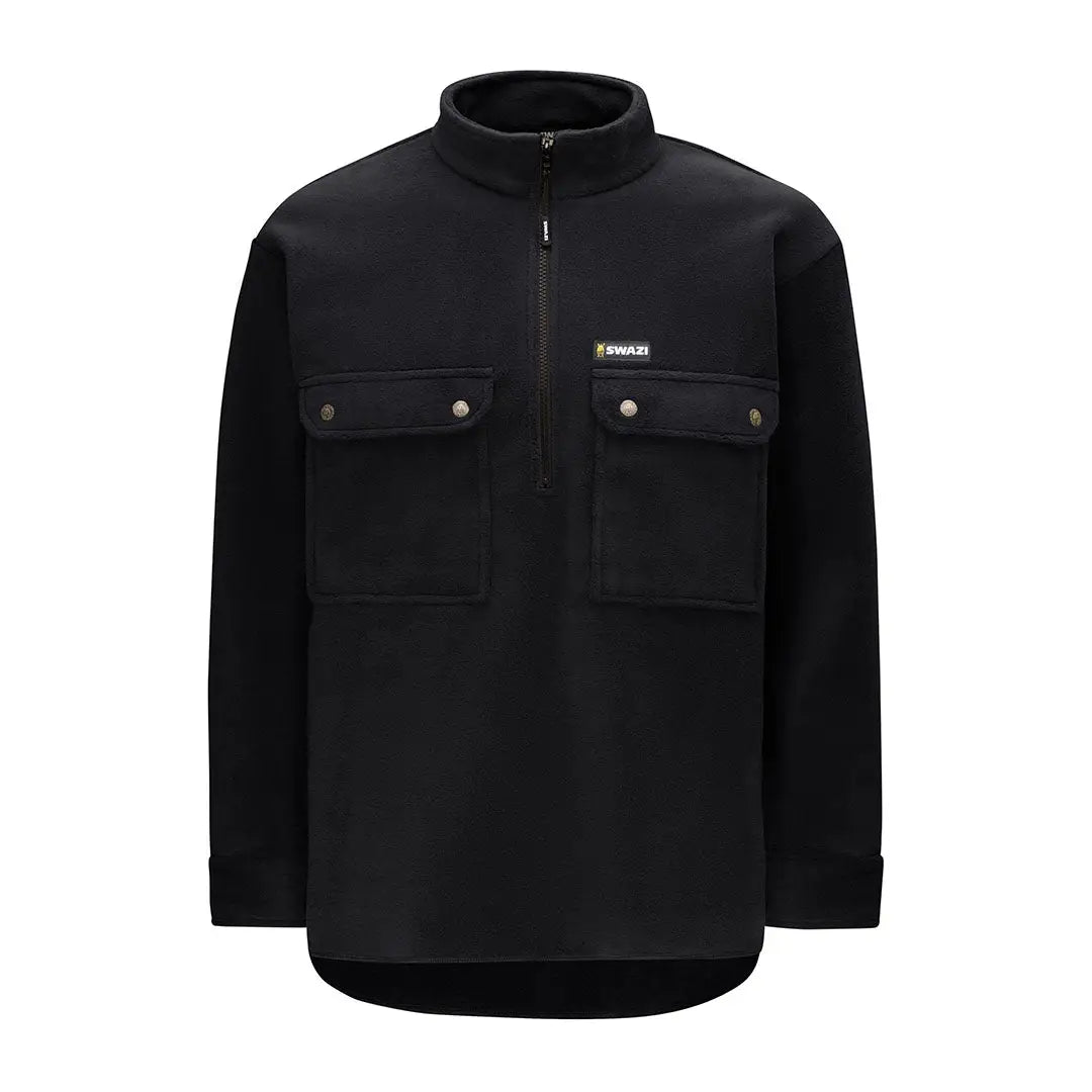 Black fleece pullover with pockets for back-country hiking and country clothing style