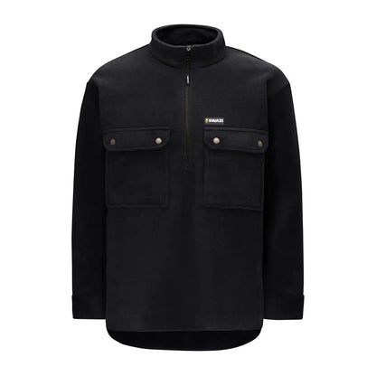 Black fleece pullover with pockets for back-country hiking and country clothing style