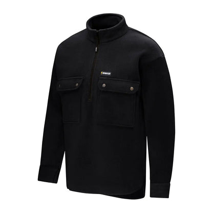 Black fleece pullover with chest pockets perfect for back-country hiking and country clothing