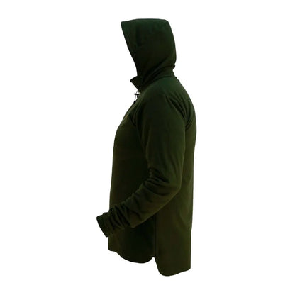 Side view of a dark green Swazi Brocco Shirt hoodie or sweatshirt for outdoor adventures