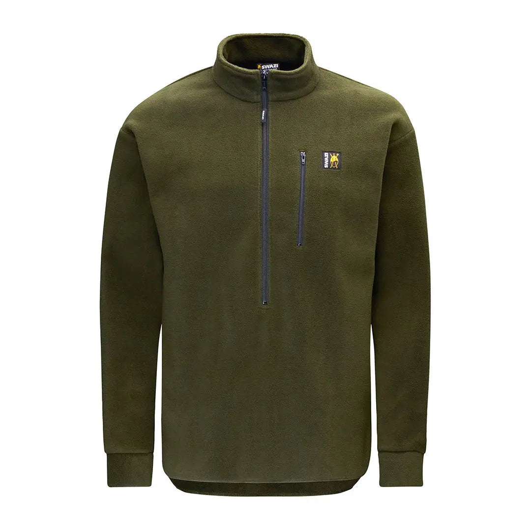 Olive green fleece pullover displayed on Swazi Bush Shirt product page, perfect for bush adventures