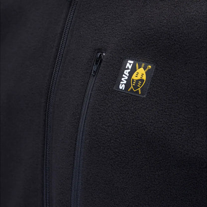 Close-up of black fleece jacket detail on Swazi Bush Shirt for ultimate bush shirt style