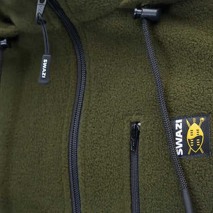 Green fleece jacket from Swazi The Hood, perfect for outdoor activity with high collar keeping