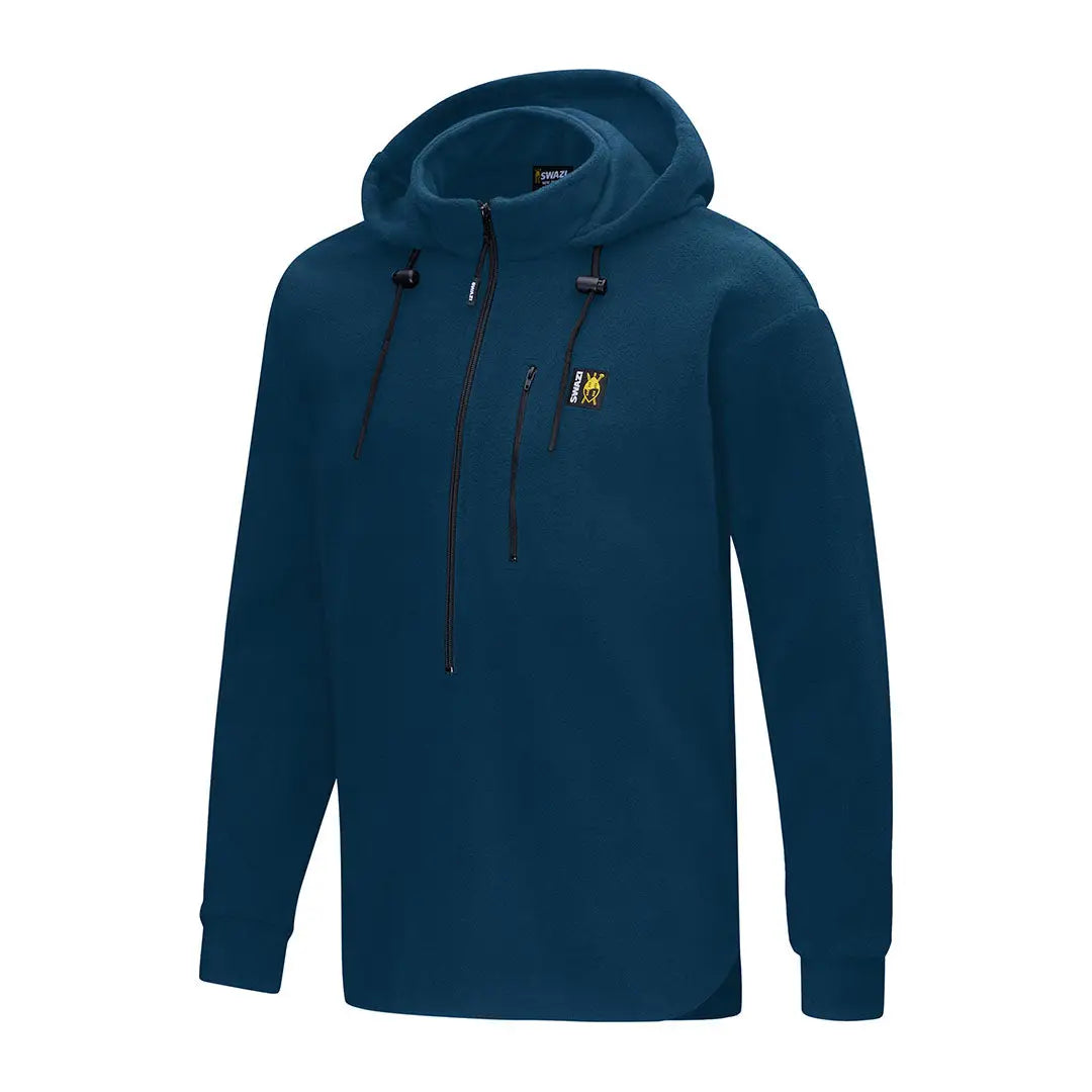 Blue hooded fleece pullover perfect for outdoor enthusiasts with a high collar in Swazi The Hood