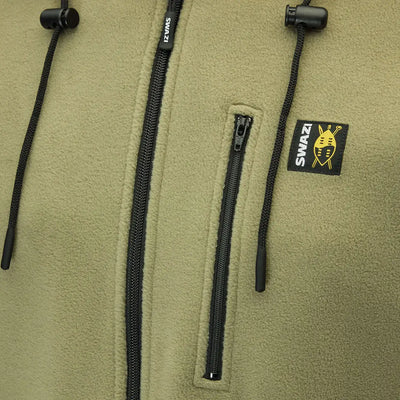 Olive green fleece jacket with high collar and fleece hood for outdoor activities at Swazi The Hood