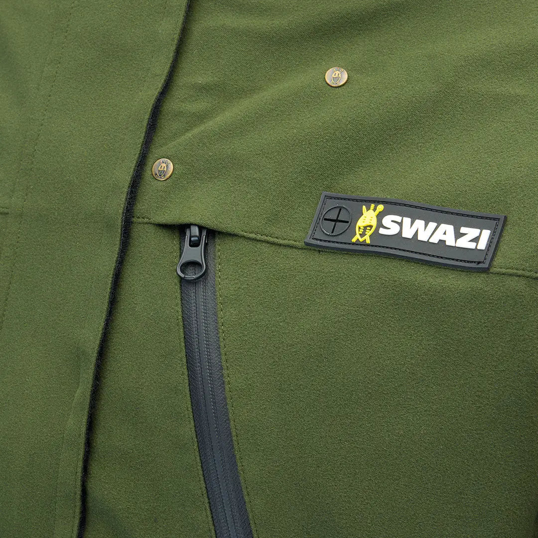 Olive green Swazi Kagoule jacket with zipper and logo made from 3-layer Aegis Knit fabric