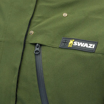 Olive green Swazi Kagoule jacket with zipper and logo made from 3-layer Aegis Knit fabric