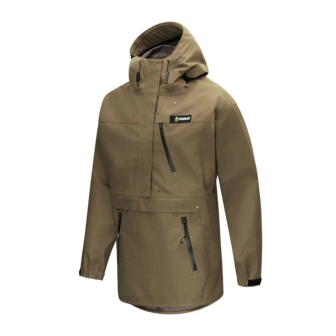 Olive green Swazi Kagoule waterproof anorak jacket with zip pockets made from 3-layer Aegis knit fabric
